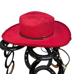 Red Genuine Panama Hand Woven In Ecuador Dallas Hat Inc Fedora Style Strawhat